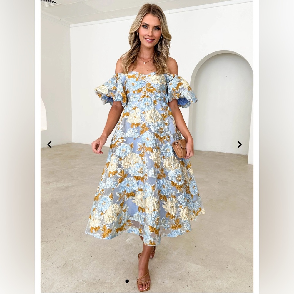 Gingham & Heels Tulliah Off Shoulder Midi Dress - Blue Jacquard